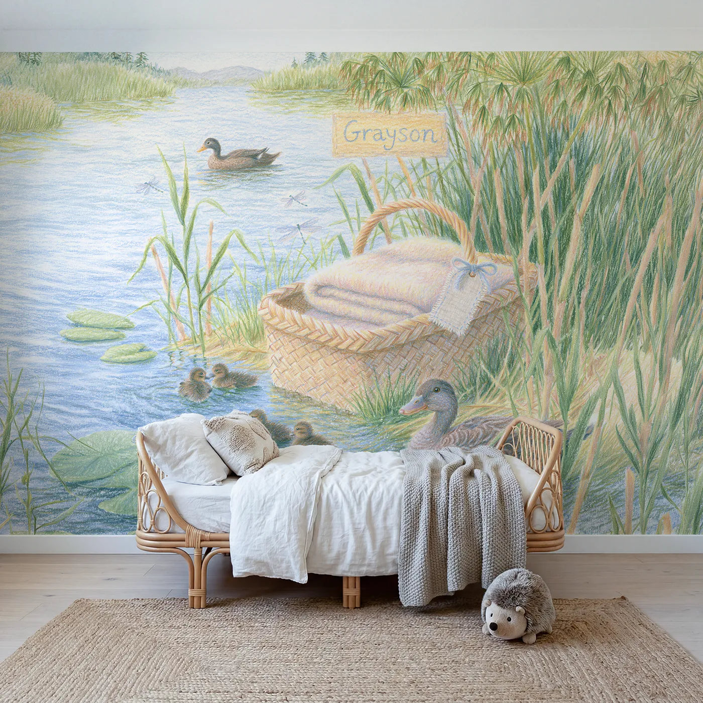 Colored pencil basket in reeds personalized wall mural with drawn handle name tag by Whimsy Tots