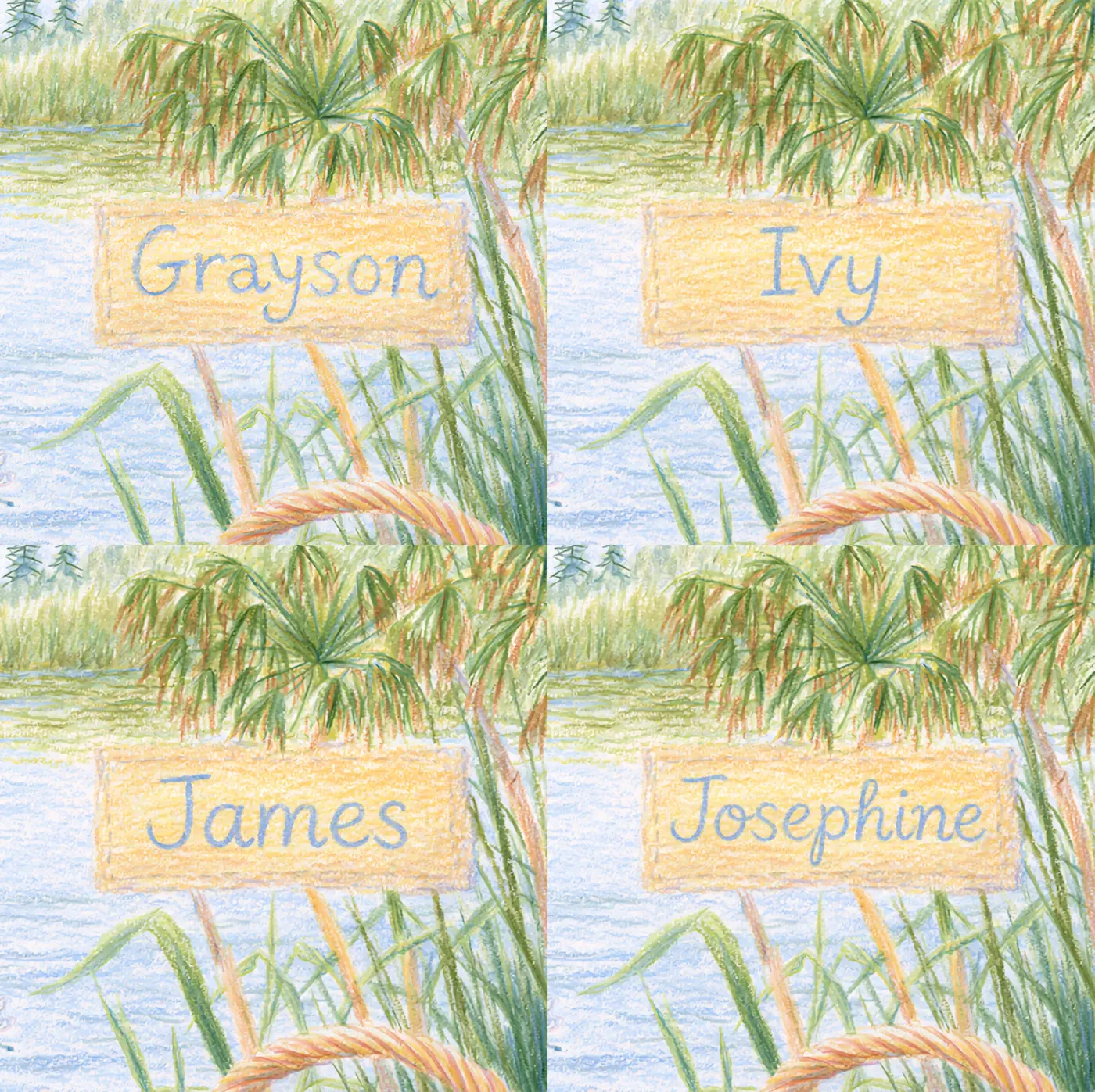 Four name preview examples of Basket in the Reeds Personalized Wall Mural by Whimsy Tots