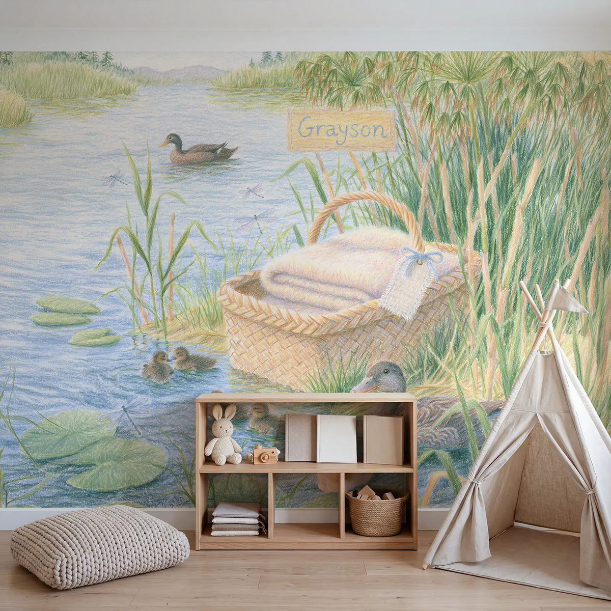 Basket in the Reeds Personalized Wall Mural in playroom setting by Whimsy Tots