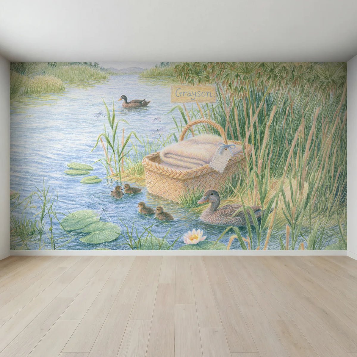 Full view of Basket in the Reeds Personalized Wall Mural by Whimsy Tots