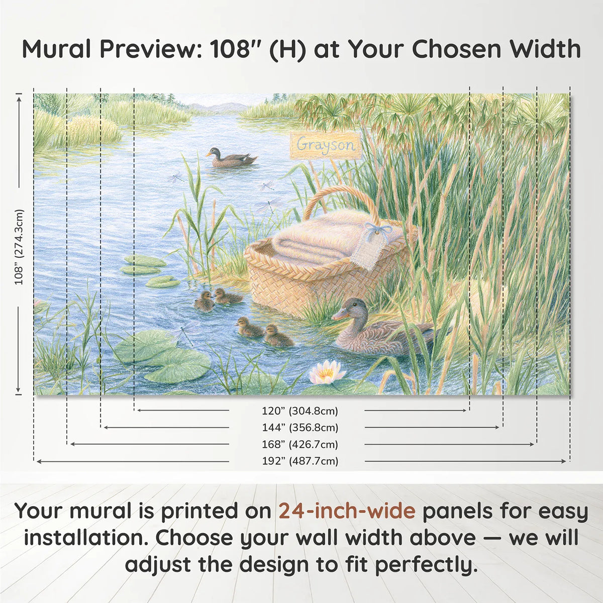 Panel layout and dimensions for Basket in the Reeds Personalized Wall Mural by Whimsy Tots