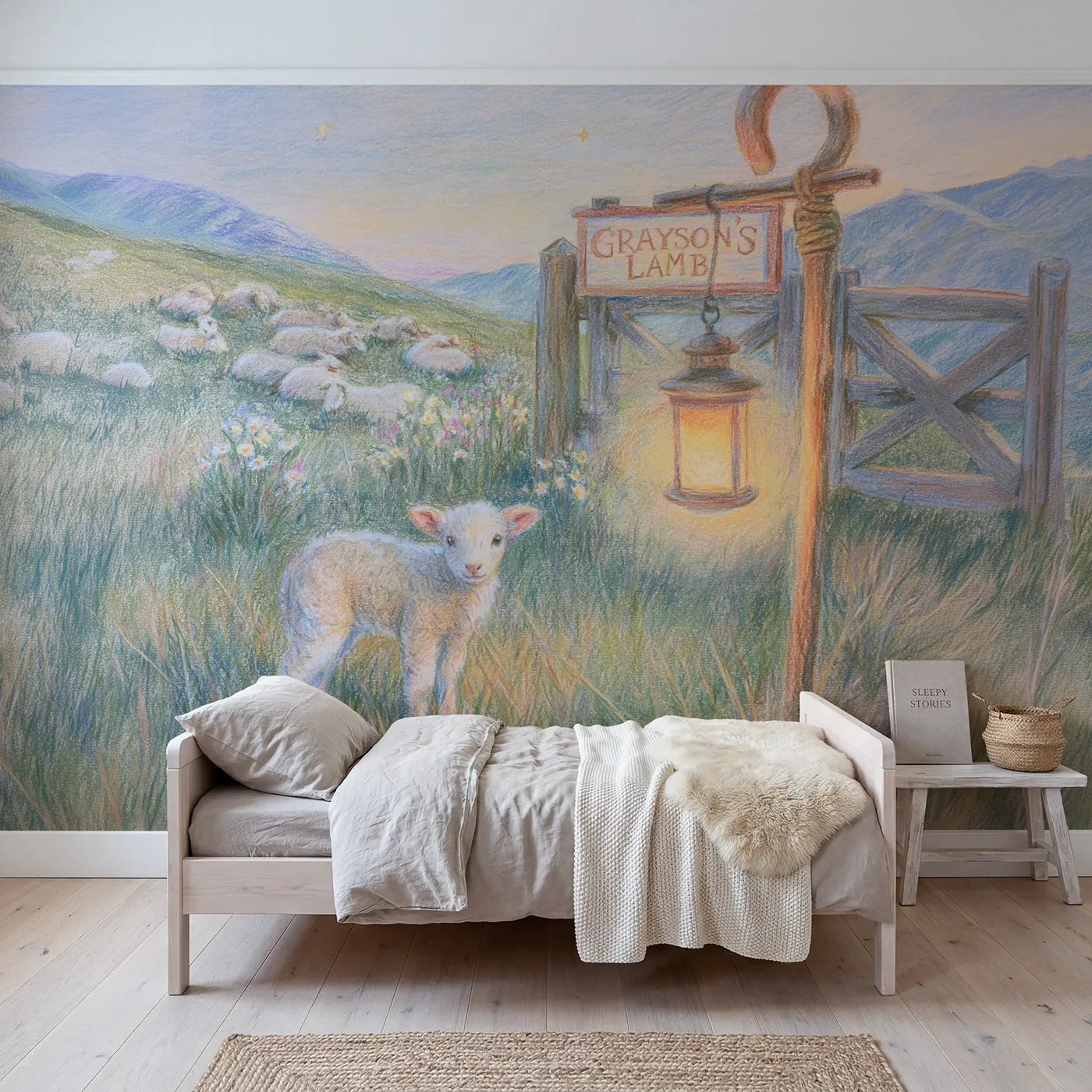 Colored pencil lamb and lantern personalized wall mural with drawn gatepost board by Whimsy Tots