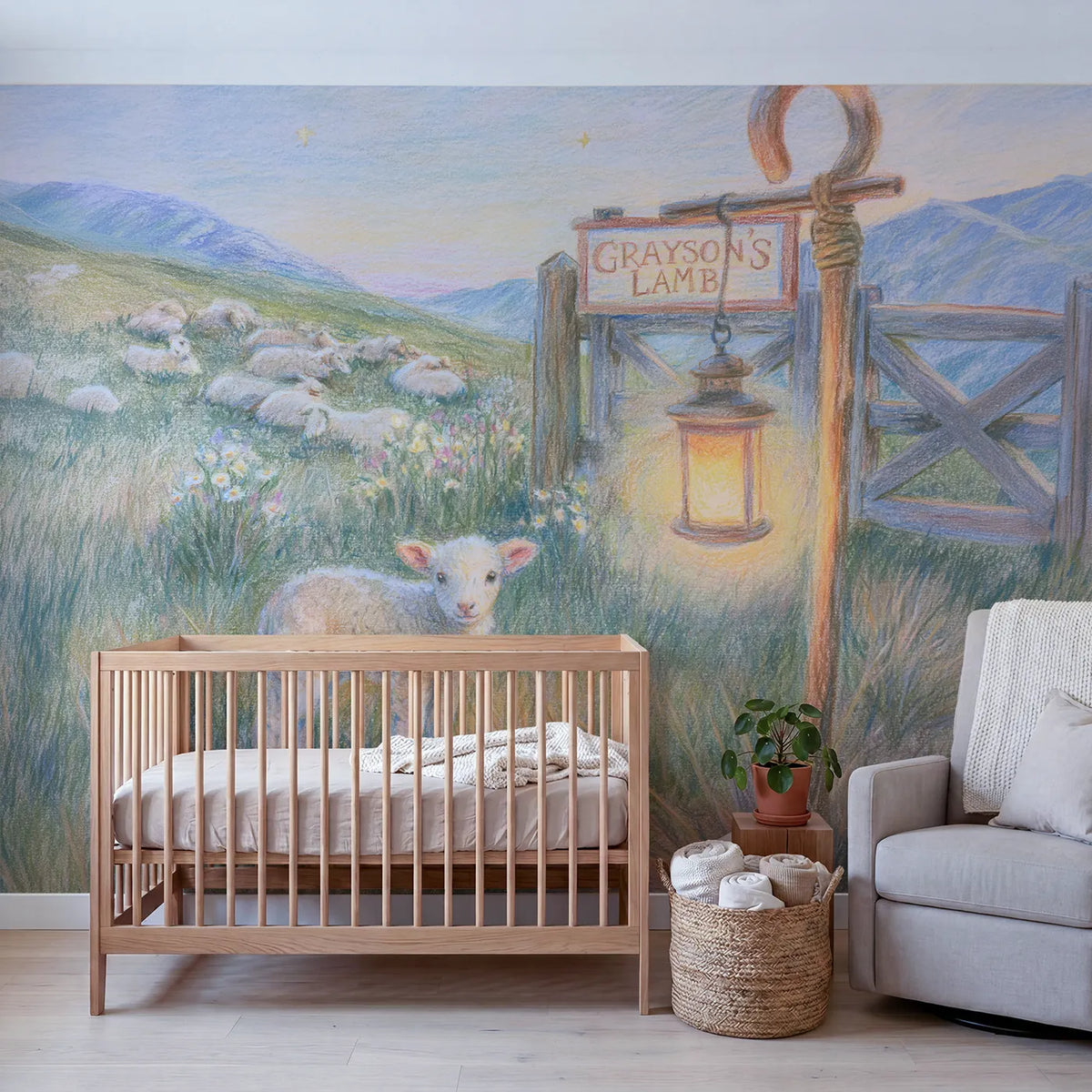 The Little Lost Lamb Personalized Wall Mural in playroom setting by Whimsy Tots