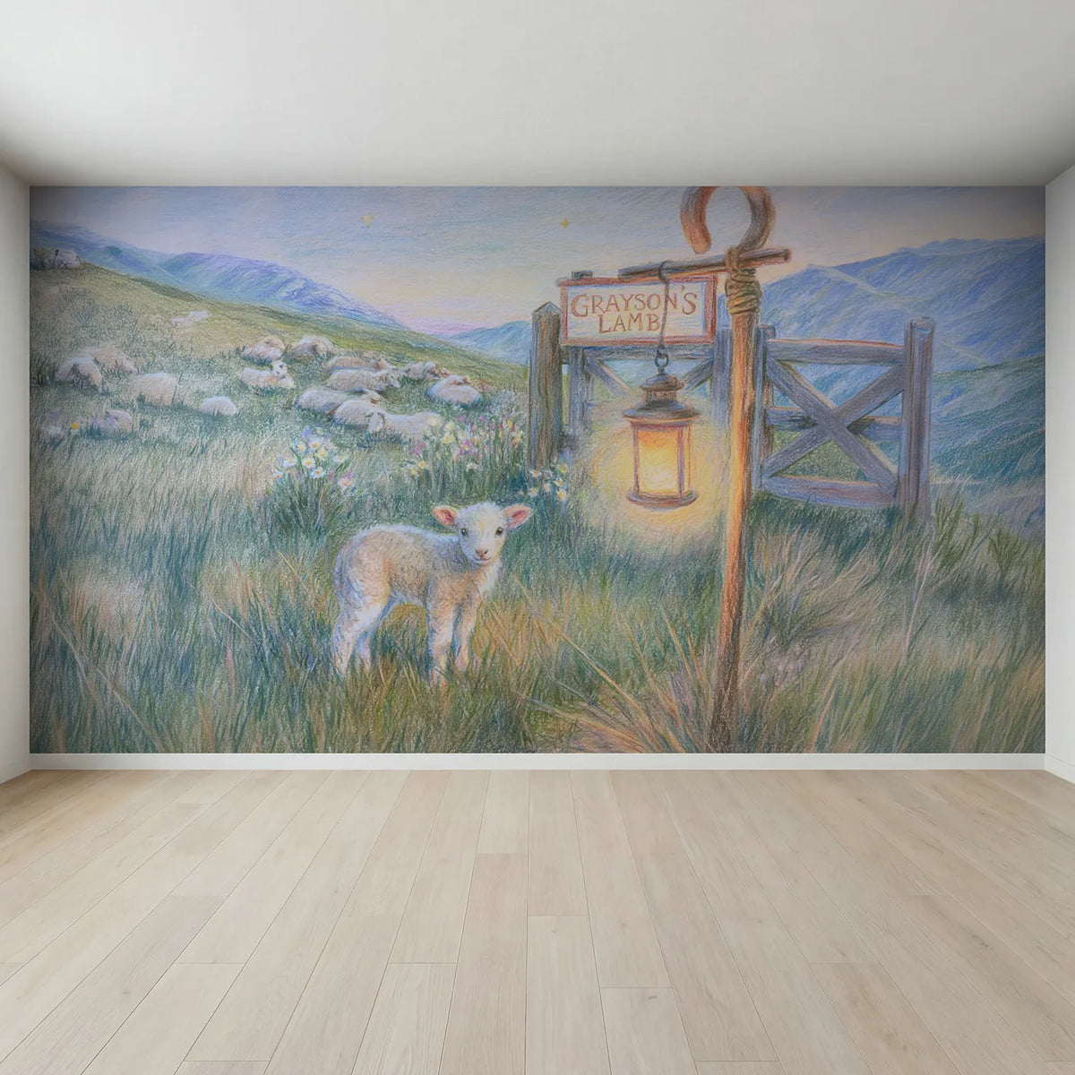 Full view of The Little Lost Lamb Personalized Wall Mural by Whimsy Tots