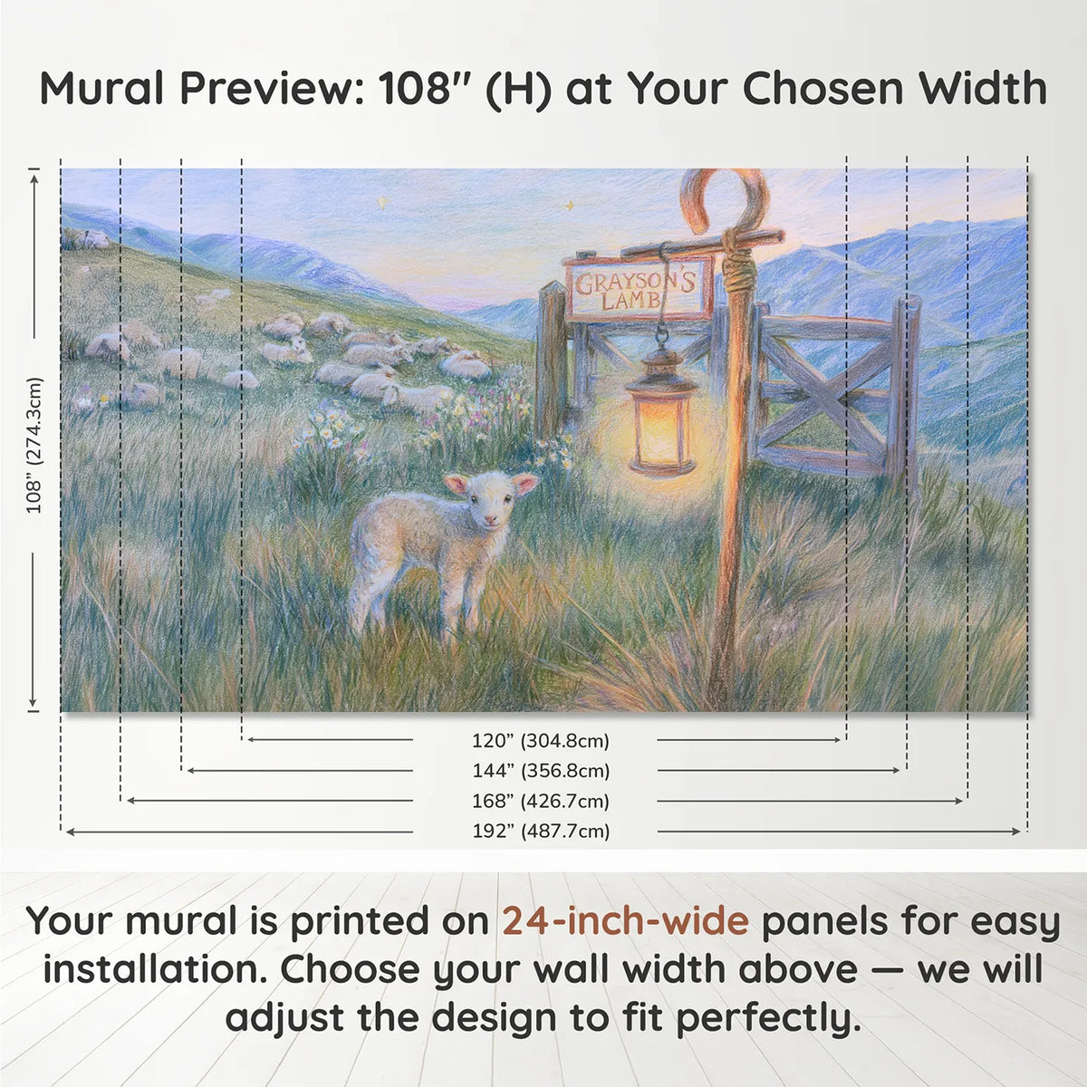 Panel layout and dimensions for The Little Lost Lamb Personalized Wall Mural by Whimsy Tots