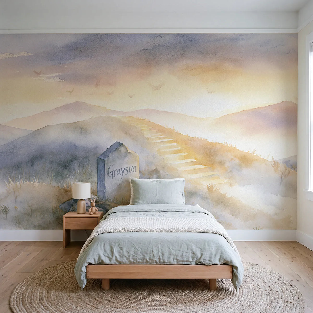 Watercolor stairway of light personalized wall mural with brushed standing stone waymarker by Whimsy Tots