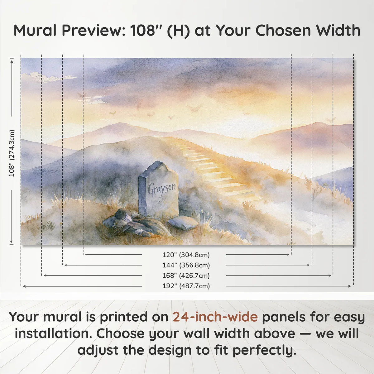 Panel layout and dimensions for Stairway of Light Personalized Wall Mural by Whimsy Tots