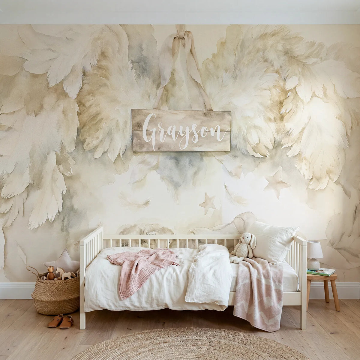 Watercolor folded guardian wings personalized wall mural with brushed ribbon plaque by Whimsy Tots