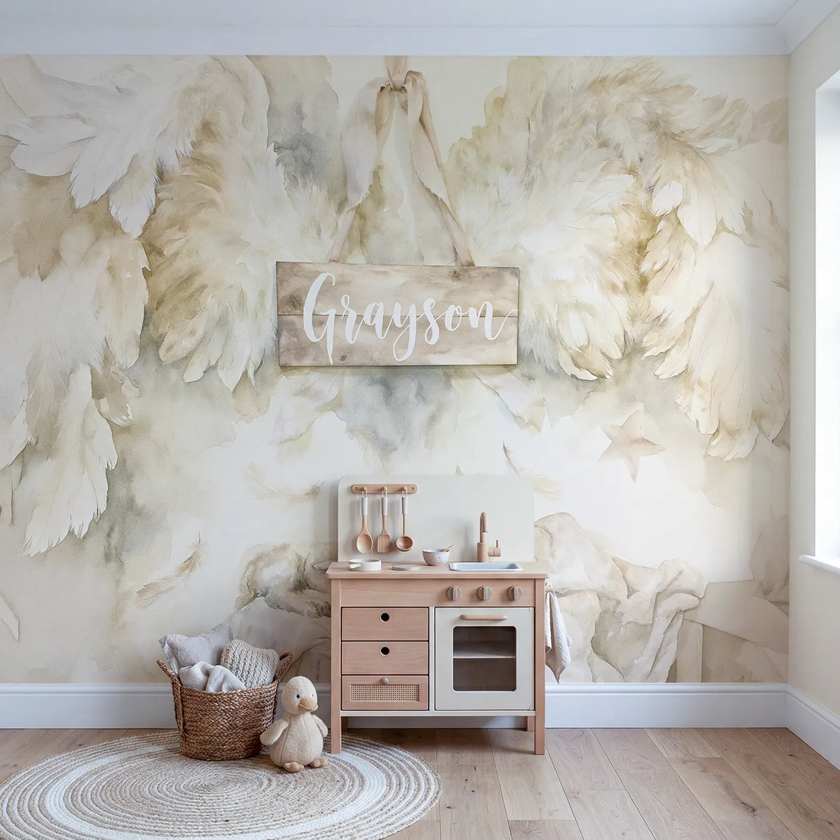 Guardian Wings Personalized Wall Mural in playroom setting by Whimsy Tots
