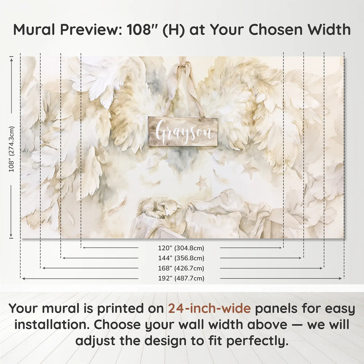 Panel layout and dimensions for Guardian Wings Personalized Wall Mural by Whimsy Tots