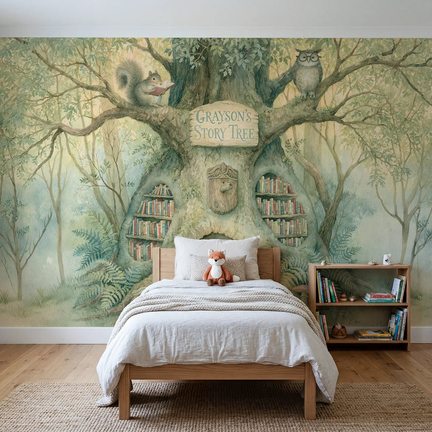 Storybook story tree reading nook personalized wall mural with carved trunk sign by Whimsy Tots