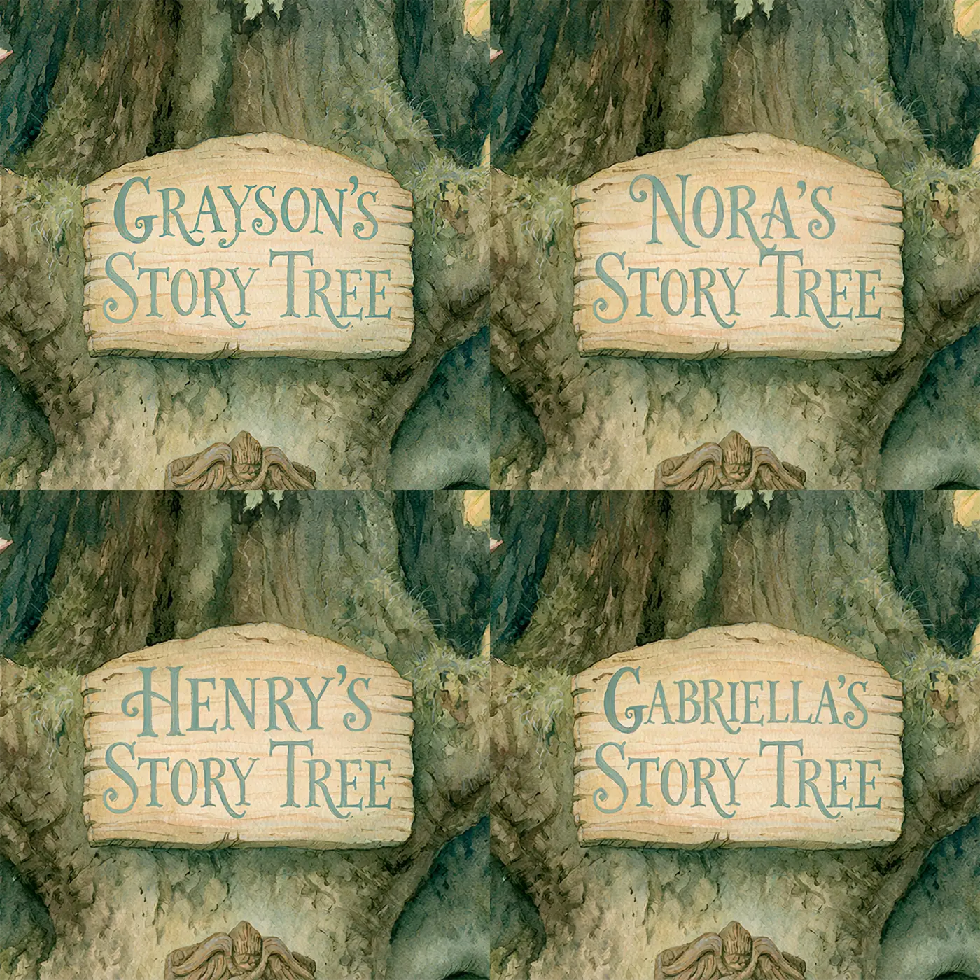 Four name preview examples of Story Tree Reading Nook Personalized Wall Mural by Whimsy Tots