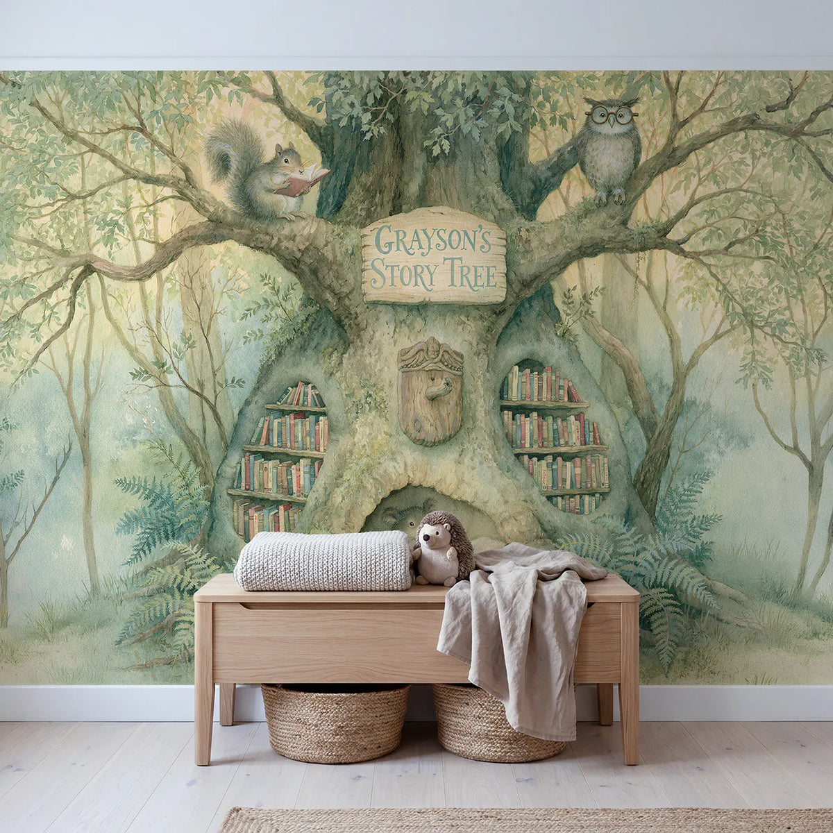 Story Tree Reading Nook Personalized Wall Mural in playroom setting by Whimsy Tots