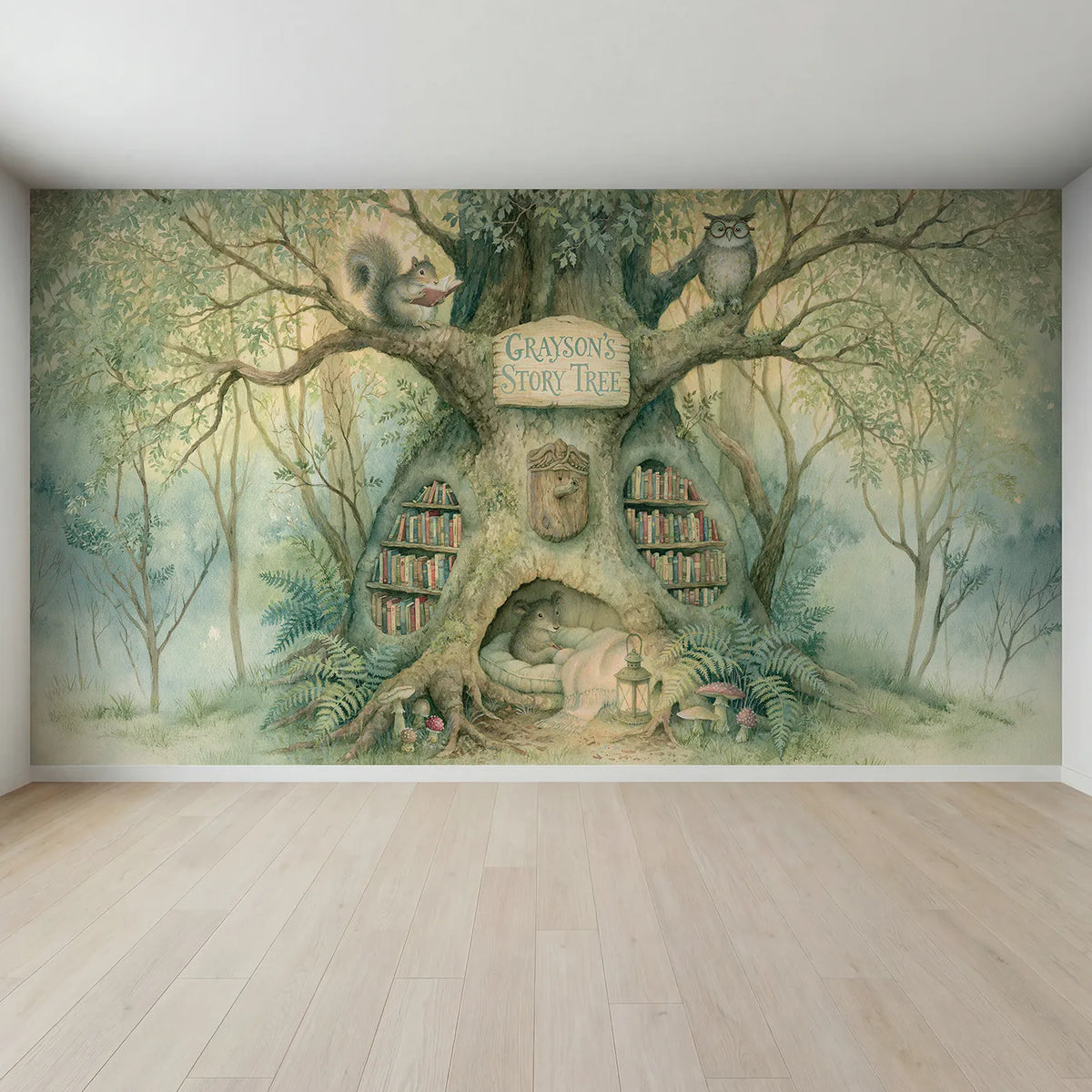 Full view of Story Tree Reading Nook Personalized Wall Mural by Whimsy Tots