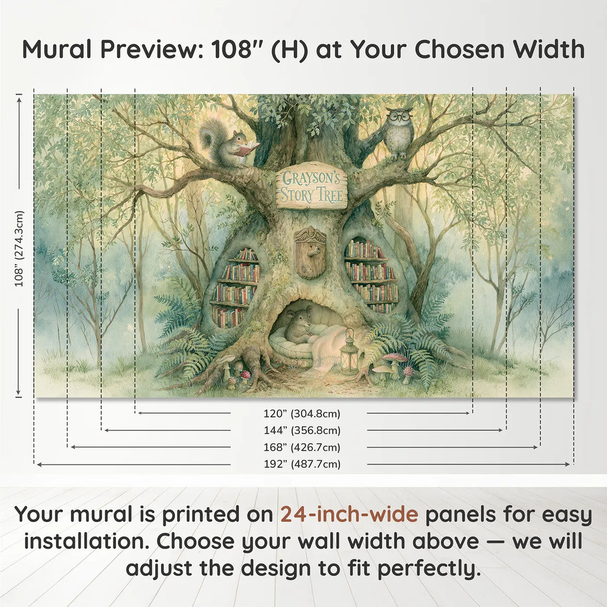 Panel layout and dimensions for Story Tree Reading Nook Personalized Wall Mural by Whimsy Tots