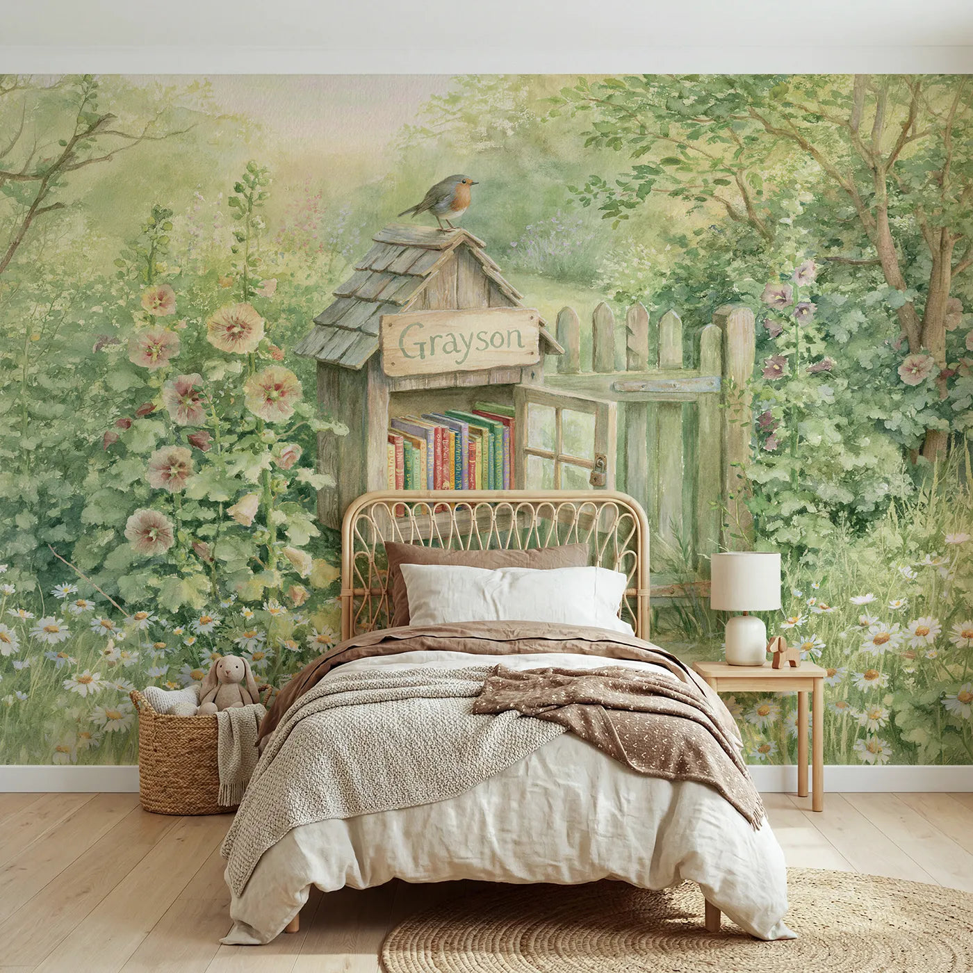 Storybook little free library personalized wall mural with painted front nameboard by Whimsy Tots