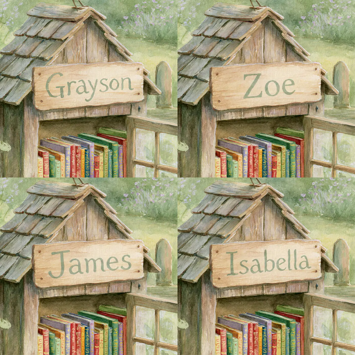 Four name preview examples of Little Free Library Personalized Wall Mural by Whimsy Tots