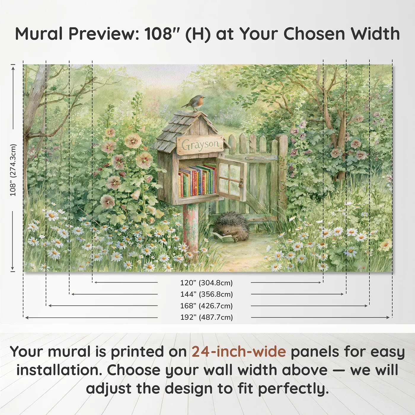 Panel layout and dimensions for Little Free Library Personalized Wall Mural by Whimsy Tots