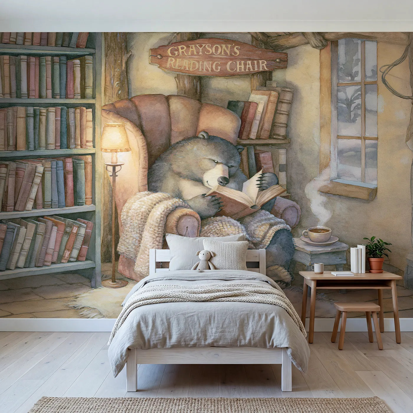Storybook bear reading chair personalized wall mural with painted wall plaque by Whimsy Tots