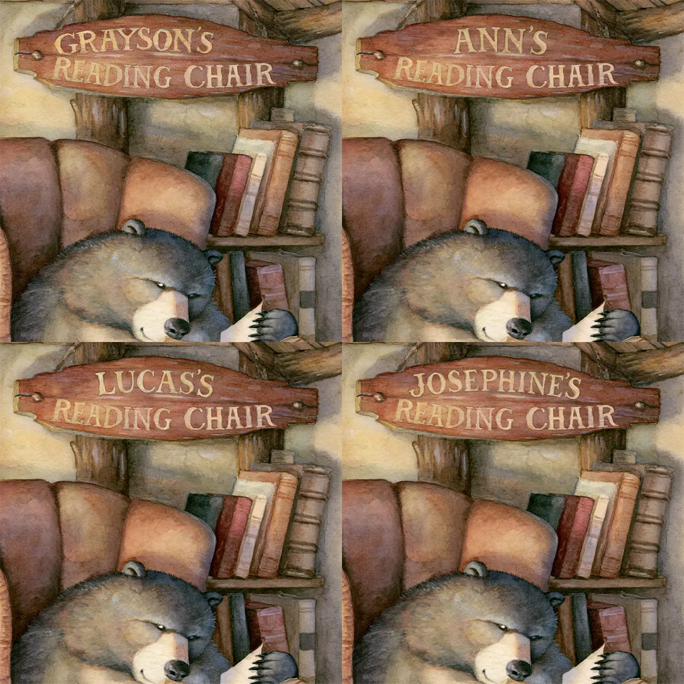 Four name preview examples of Bear in the Reading Chair Personalized Wall Mural by Whimsy Tots