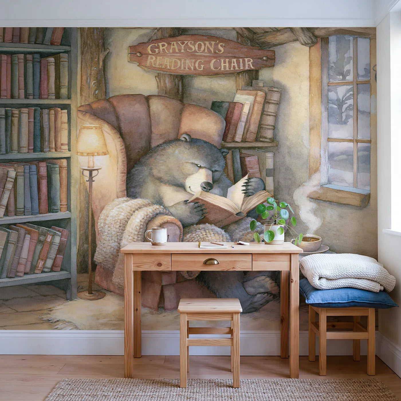 Bear in the Reading Chair Personalized Wall Mural in playroom setting by Whimsy Tots