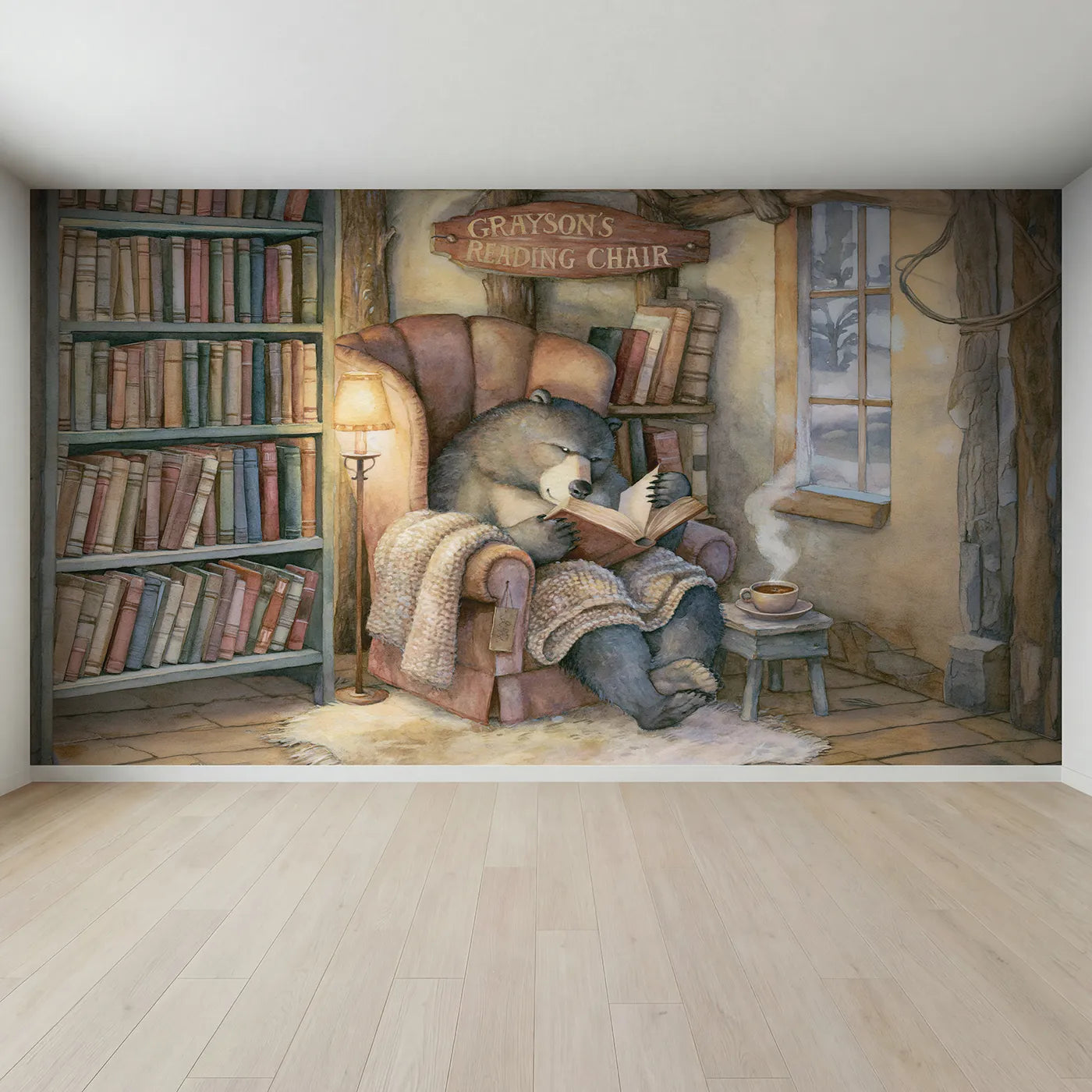 Full view of Bear in the Reading Chair Personalized Wall Mural by Whimsy Tots