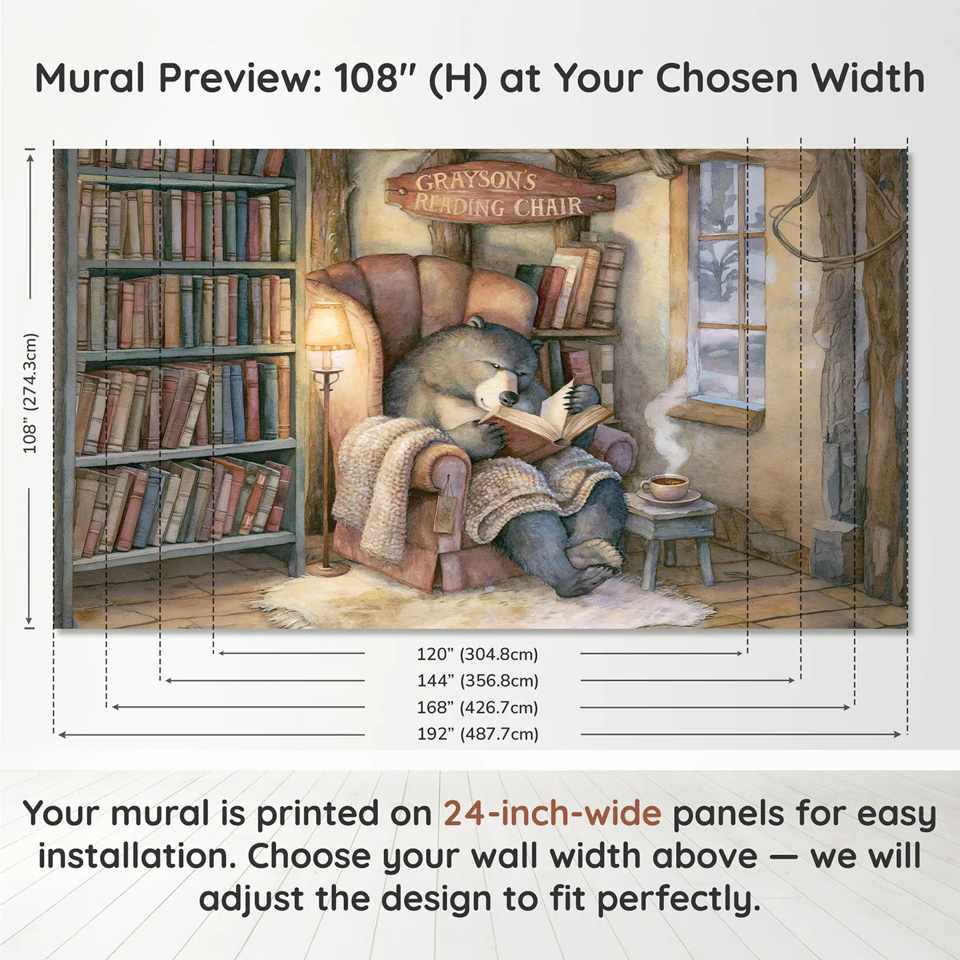 Panel layout and dimensions for Bear in the Reading Chair Personalized Wall Mural by Whimsy Tots