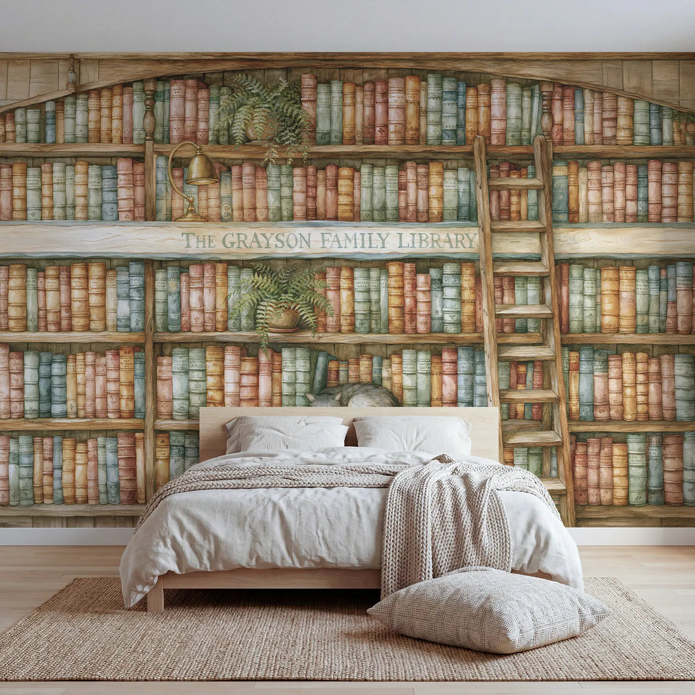 Storybook family bookshelf wall personalized wall mural with lettered shelf front board by Whimsy Tots