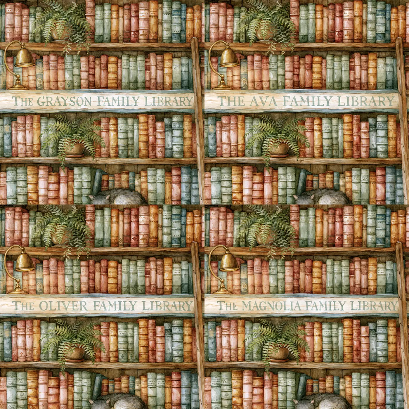 Four name preview examples of Family Bookshelf Wall Personalized Wall Mural by Whimsy Tots