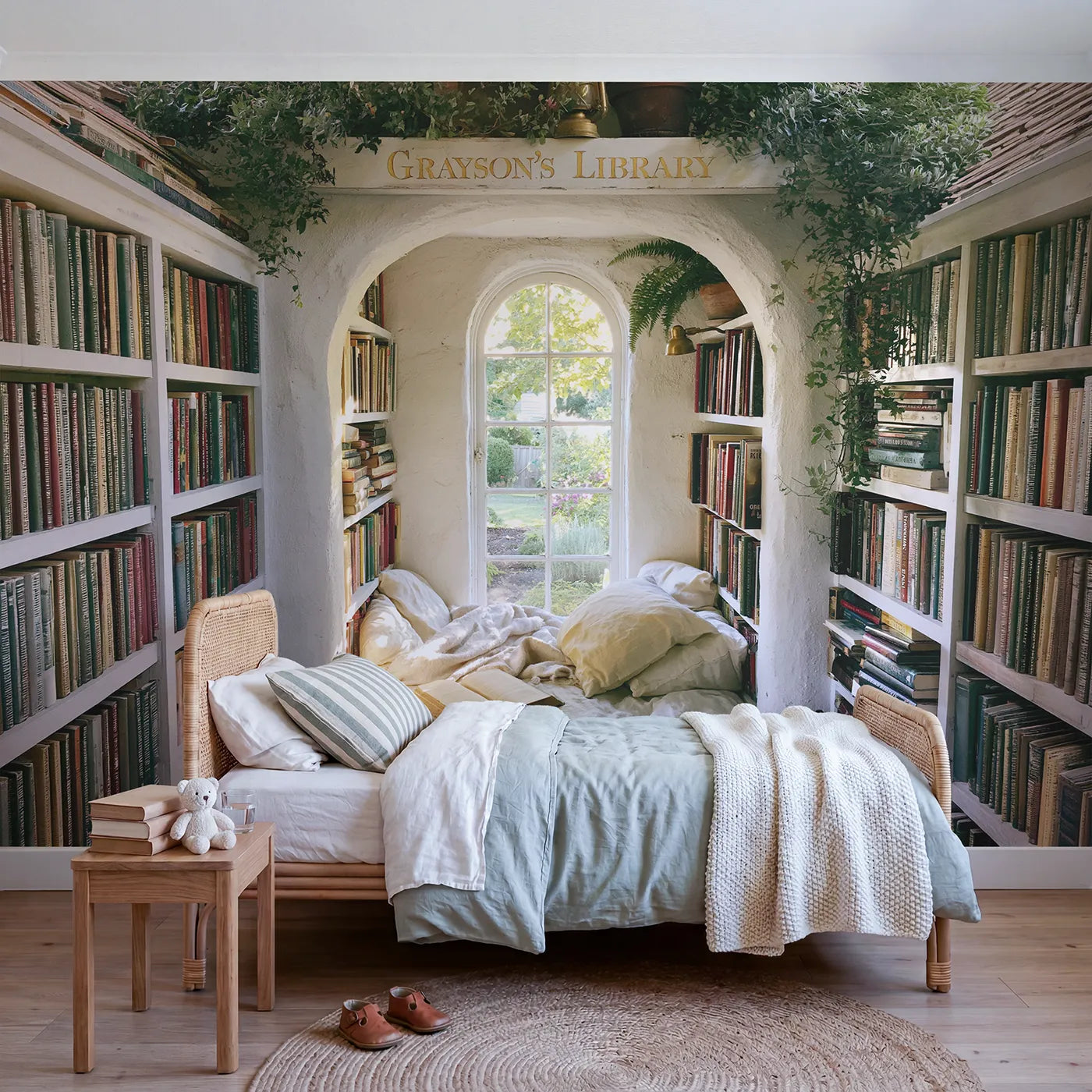 Watercolor window seat library personalized wall mural with brushed alcove shelf board by Whimsy Tots