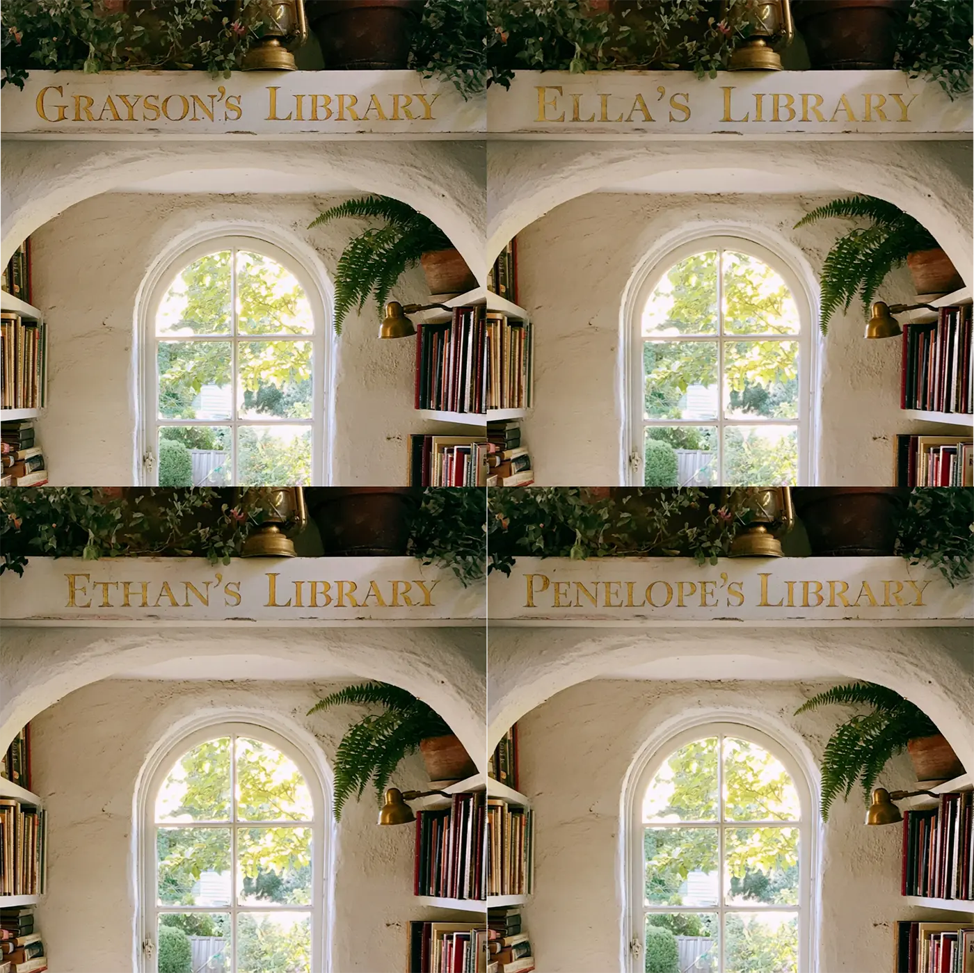Four name preview examples of Window Seat Library Personalized Wall Mural by Whimsy Tots