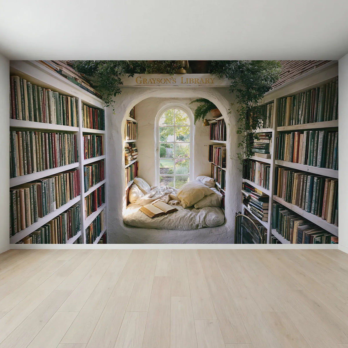 Full view of Window Seat Library Personalized Wall Mural by Whimsy Tots