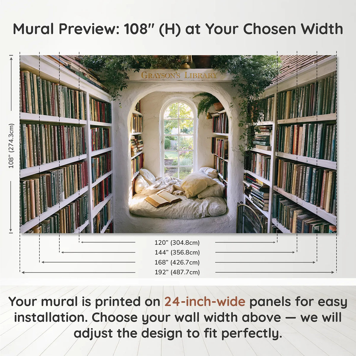 Panel layout and dimensions for Window Seat Library Personalized Wall Mural by Whimsy Tots