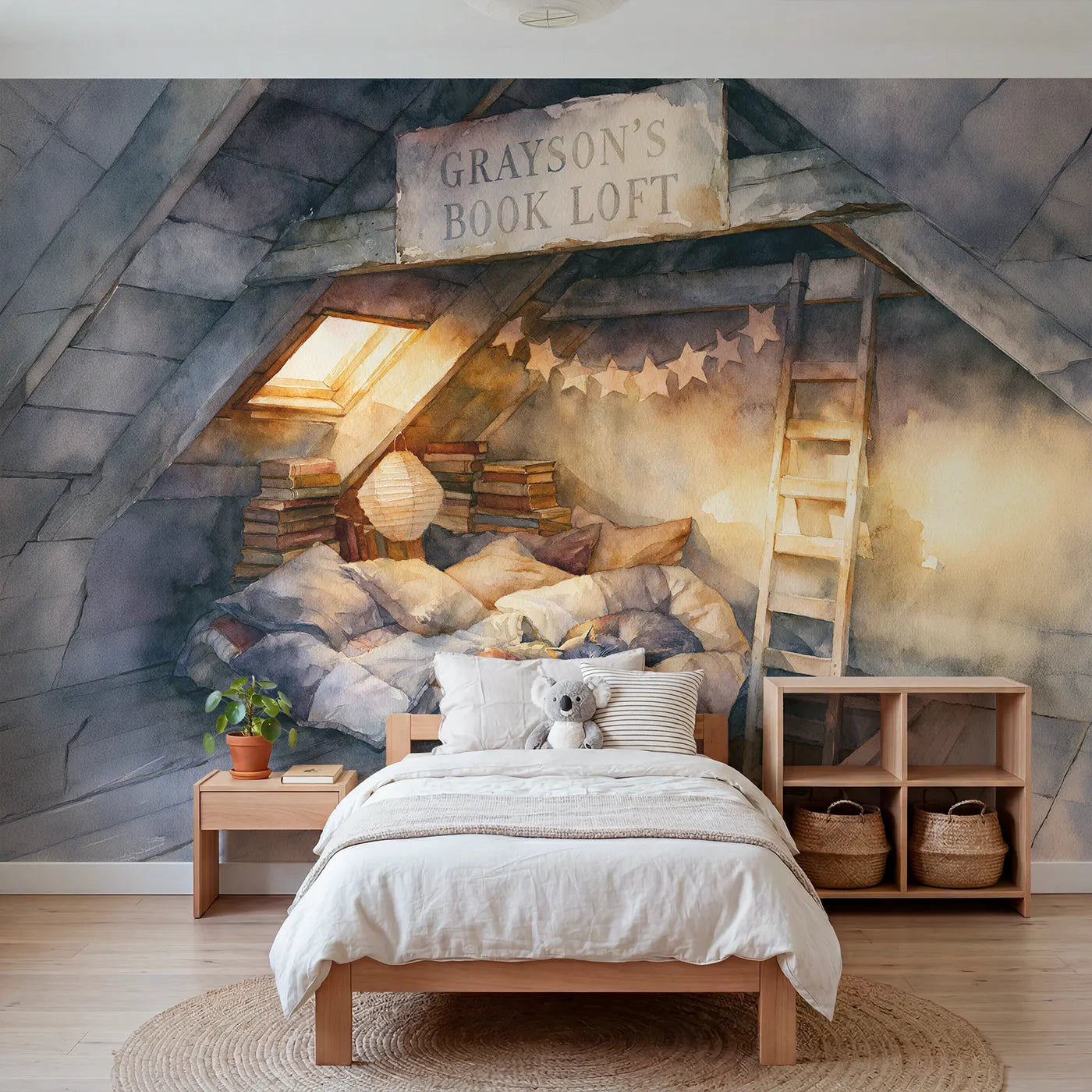 Watercolor attic reading loft personalized wall mural with painted roof beam board by Whimsy Tots