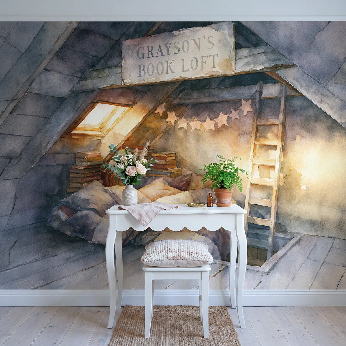 Attic Reading Loft Personalized Wall Mural in playroom setting by Whimsy Tots