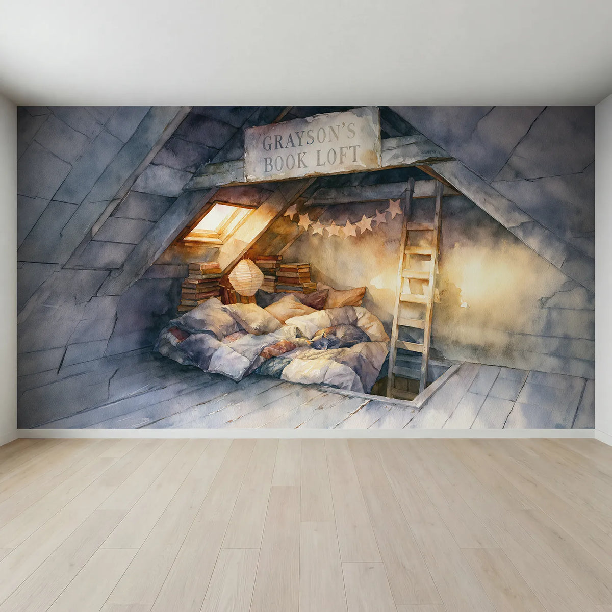 Full view of Attic Reading Loft Personalized Wall Mural by Whimsy Tots