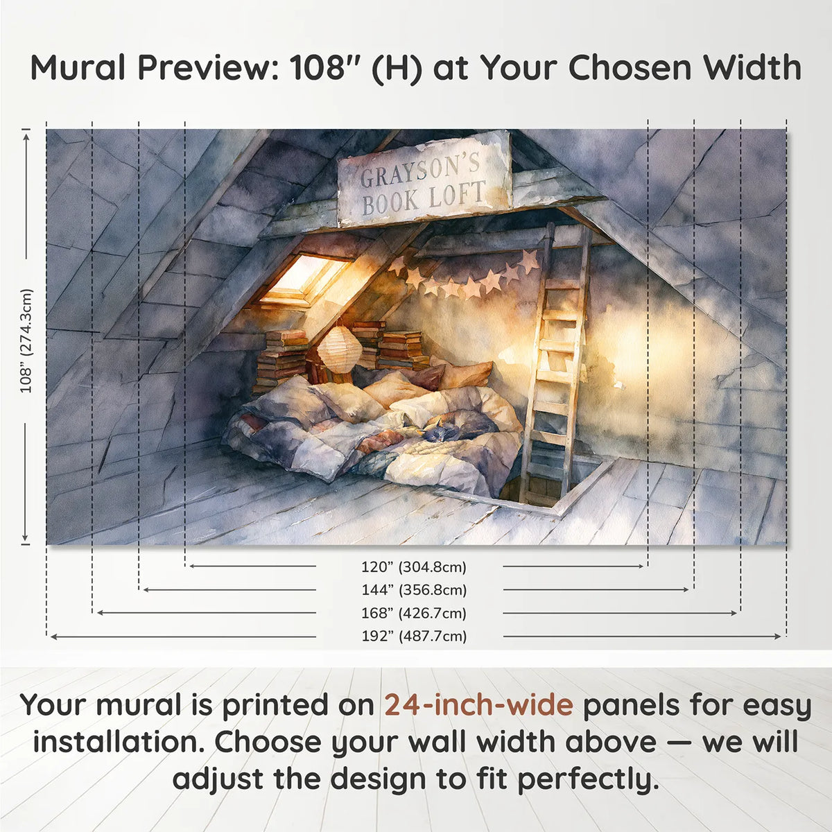 Panel layout and dimensions for Attic Reading Loft Personalized Wall Mural by Whimsy Tots