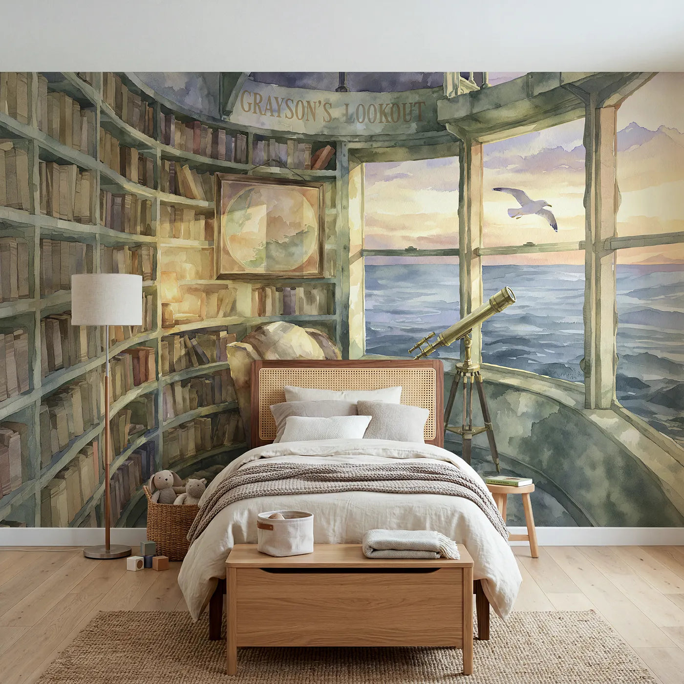 Watercolor lighthouse reading room personalized wall mural with framed lettered wall chart by Whimsy Tots
