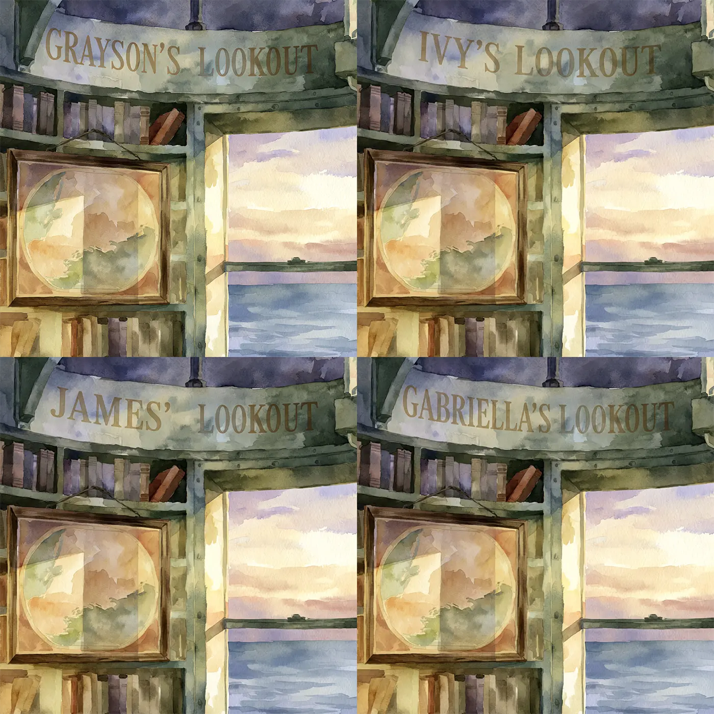 Four name preview examples of Lighthouse Reading Room Personalized Wall Mural by Whimsy Tots