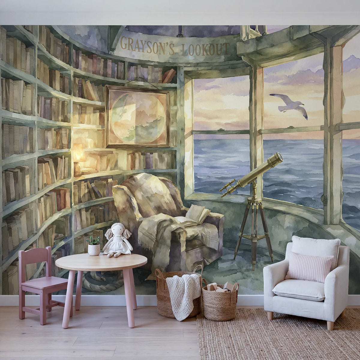 Lighthouse Reading Room Personalized Wall Mural in playroom setting by Whimsy Tots