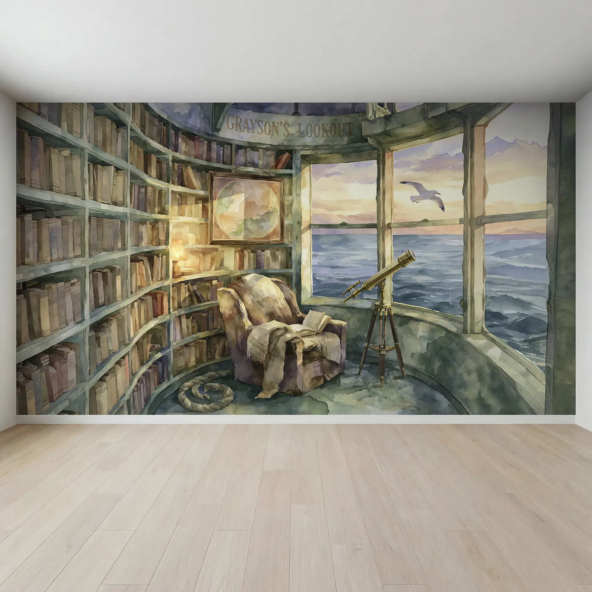 Full view of Lighthouse Reading Room Personalized Wall Mural by Whimsy Tots