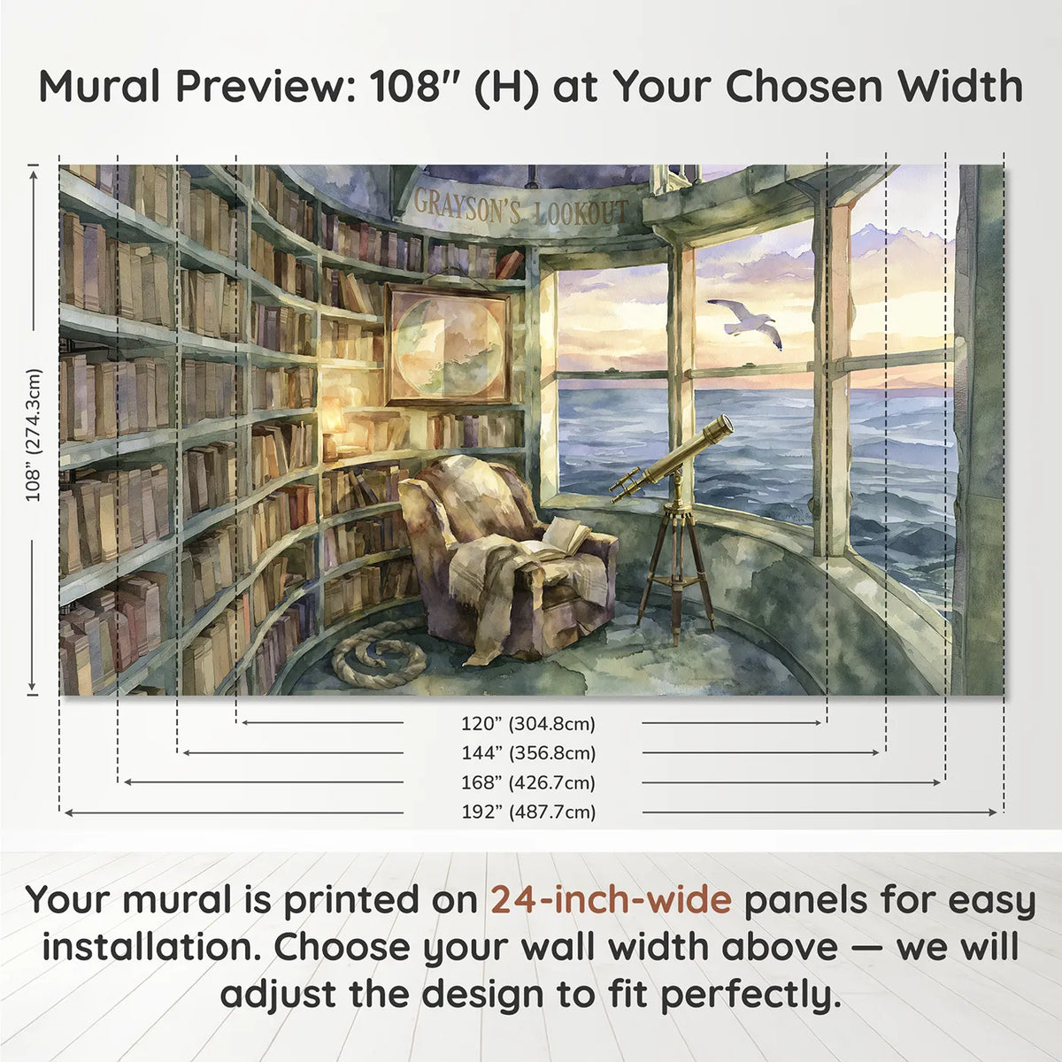 Panel layout and dimensions for Lighthouse Reading Room Personalized Wall Mural by Whimsy Tots