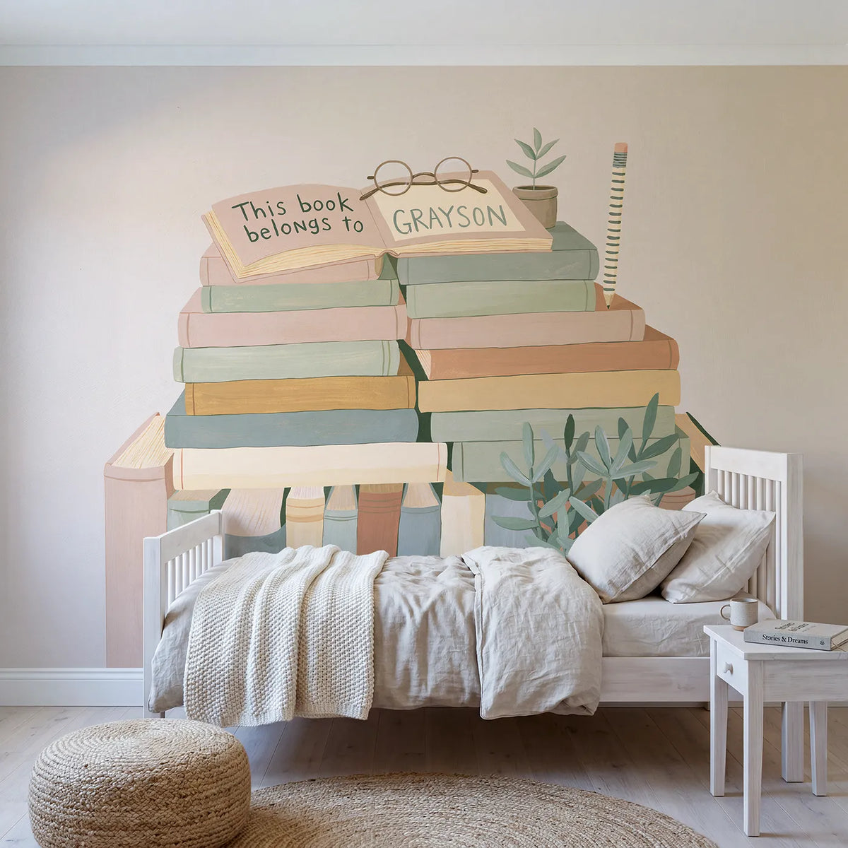 Modern illustration book stack personalized wall mural with painted top cover bookplate by Whimsy Tots