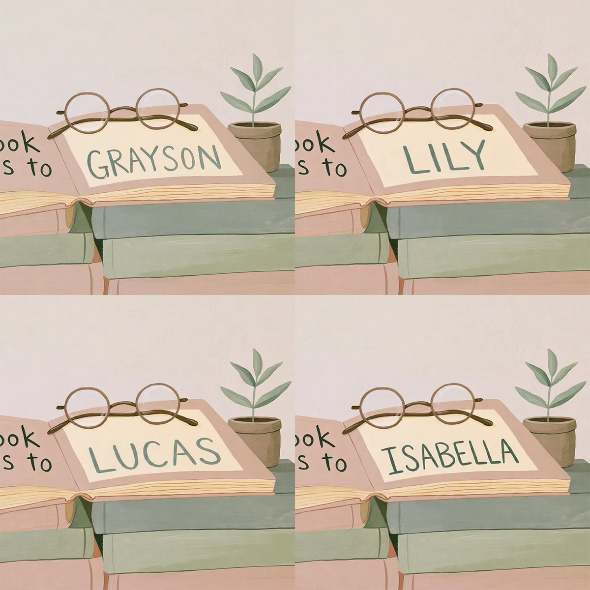 Four name preview examples of Bookplate and Book Stack Personalized Wall Mural by Whimsy Tots