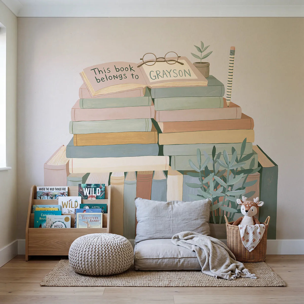 Bookplate and Book Stack Personalized Wall Mural in playroom setting by Whimsy Tots