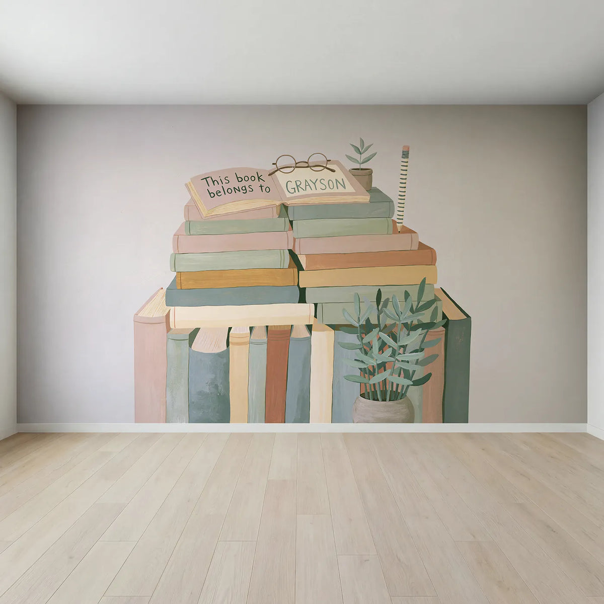 Full view of Bookplate and Book Stack Personalized Wall Mural by Whimsy Tots