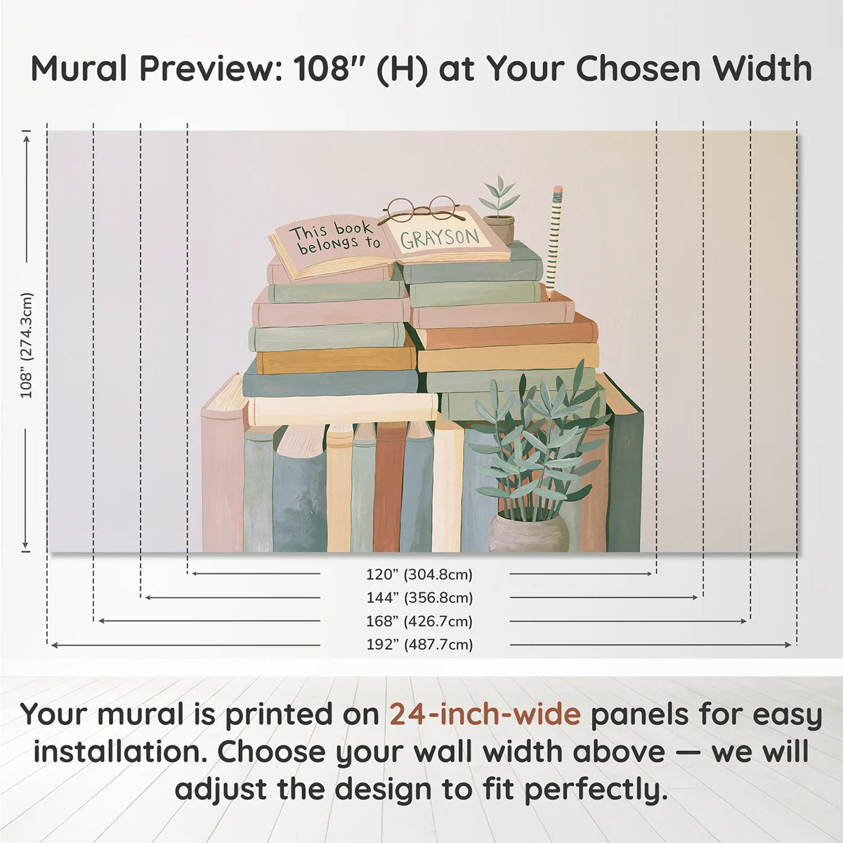 Panel layout and dimensions for Bookplate and Book Stack Personalized Wall Mural by Whimsy Tots