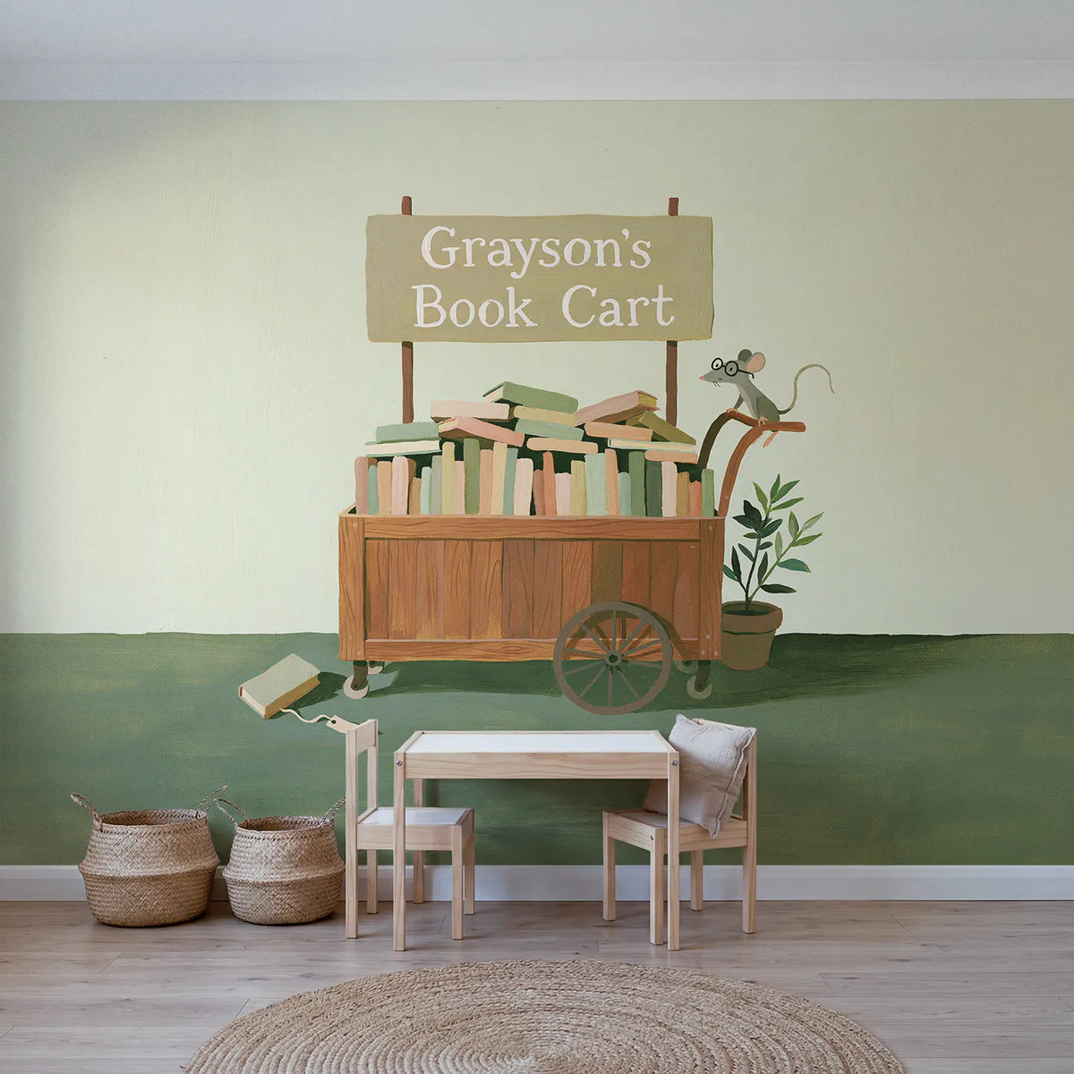 Modern illustration library book cart personalized wall mural with painted sign board by Whimsy Tots