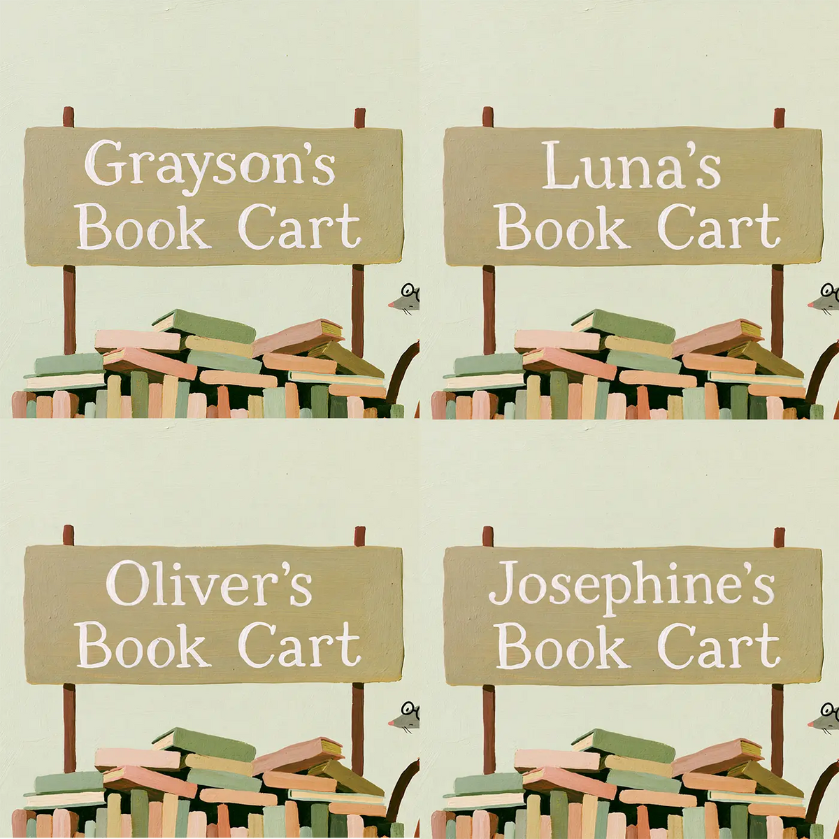 Four name preview examples of Library Book Cart Personalized Wall Mural by Whimsy Tots