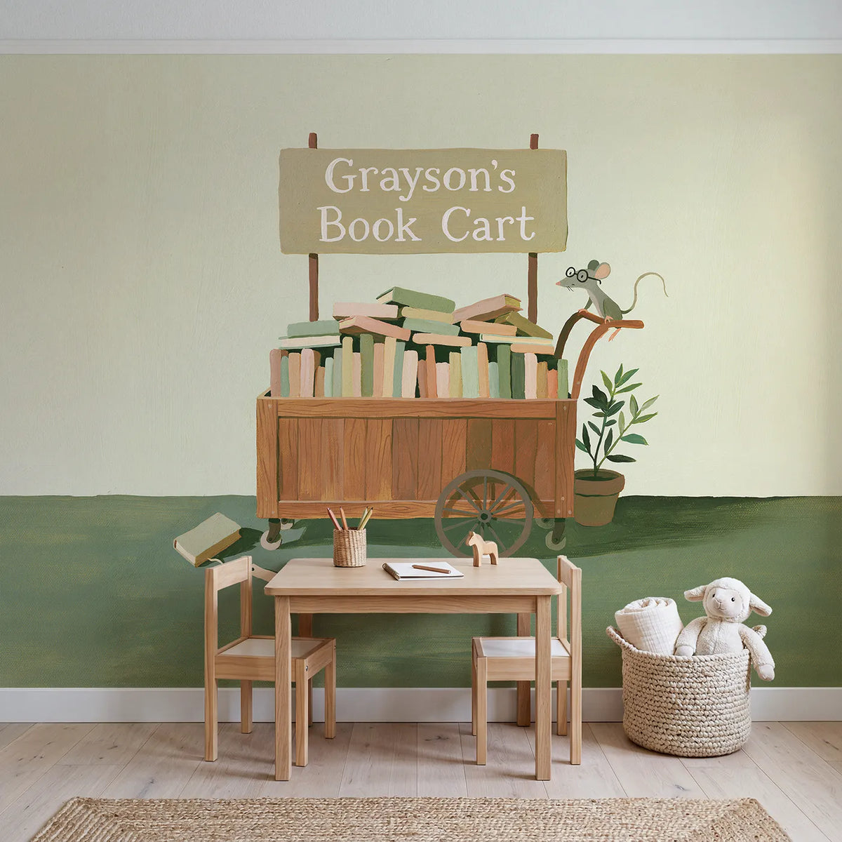 Library Book Cart Personalized Wall Mural in playroom setting by Whimsy Tots